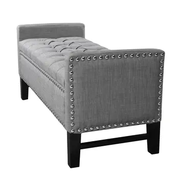 50" Light Gray and Black Upholstered Linen Bench with Flip top