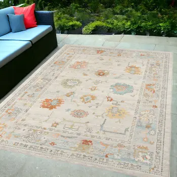 5' X 7' Blue and Orange Floral Stain Resistant Indoor Outdoor Area Rug