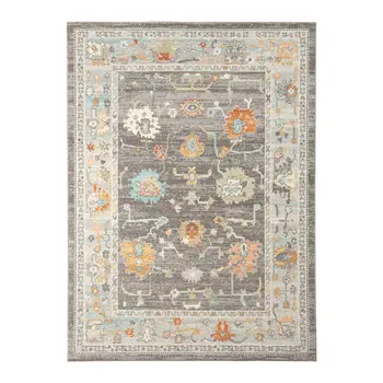 9' X 12' Gray and Orange Floral Stain Resistant Indoor Outdoor Area Rug