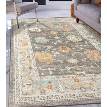9' X 12' Gray and Orange Floral Stain Resistant Indoor Outdoor Area Rug