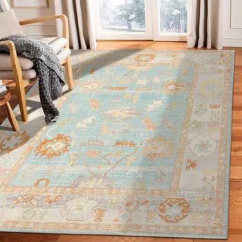 8' X 10' Blue and Orange Floral Stain Resistant Indoor Outdoor Area Rug