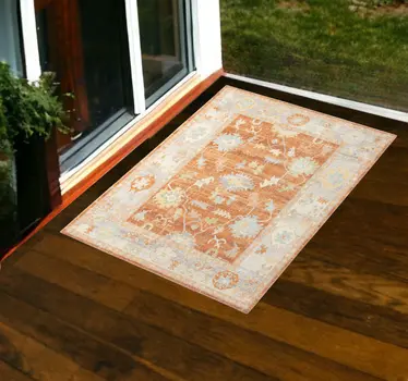 2' X 3' Blue and Orange Floral Stain Resistant Indoor Outdoor Area Rug