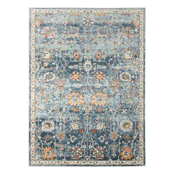 8' X 10' Blue and Orange Floral Stain Resistant Indoor Outdoor Area Rug