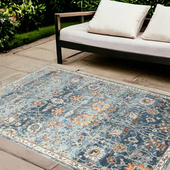 8' X 10' Blue and Orange Floral Stain Resistant Indoor Outdoor Area Rug