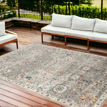 8' X 10' Blue and Orange Floral Stain Resistant Indoor Outdoor Area Rug