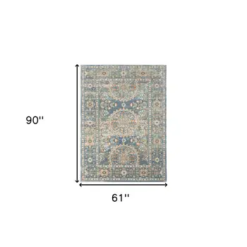 5' X 7' Blue and Orange Floral Medallion Stain Resistant Indoor Outdoor Area Rug