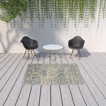 5' X 7' Blue and Orange Floral Medallion Stain Resistant Indoor Outdoor Area Rug