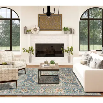 8' X 10' Blue and Orange Floral Medallion Stain Resistant Indoor Outdoor Area Rug