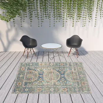 8' X 10' Blue and Orange Floral Medallion Stain Resistant Indoor Outdoor Area Rug