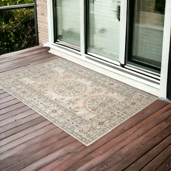 2' X 3' Blue and Orange Medallion Stain Resistant Indoor Outdoor Area Rug