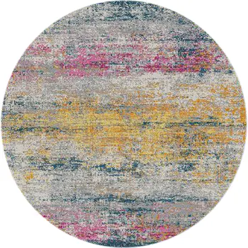 7' Pink and Orange Abstract Power Loom Round Rug