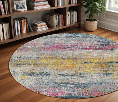 7' Pink and Orange Abstract Power Loom Round Rug