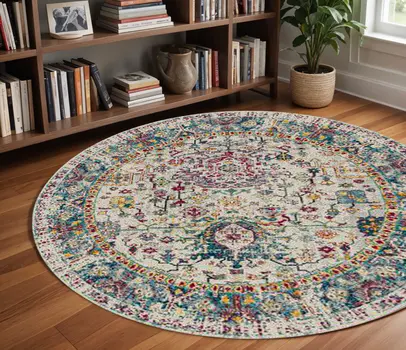 7' Gray Floral Power Loom Round Rug