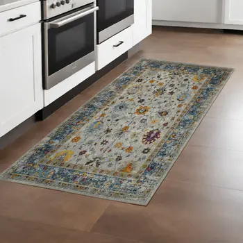 8' Blue and Orange Floral Power Loom Runner Rug