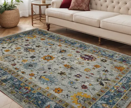5' X 7' Blue and Orange Floral Power Loom Area Rug
