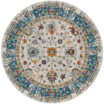 7' Blue and Orange Floral Power Loom Round Rug