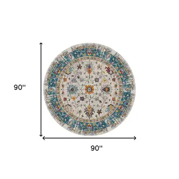 7' Blue and Orange Floral Power Loom Round Rug
