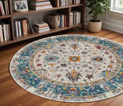 7' Blue and Orange Floral Power Loom Round Rug