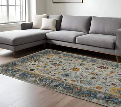 9' X 12' Blue and Orange Floral Power Loom Area Rug