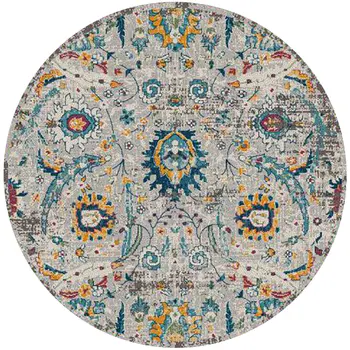 7' Orange and Ivory Floral Power Loom Round Rug