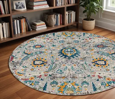 7' Orange and Ivory Floral Power Loom Round Rug