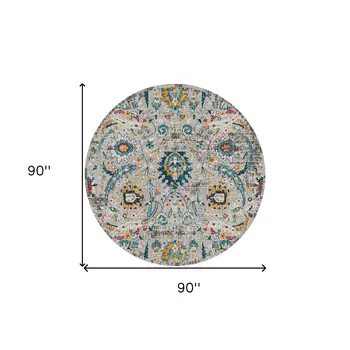 7' Orange and Ivory Floral Power Loom Round Rug
