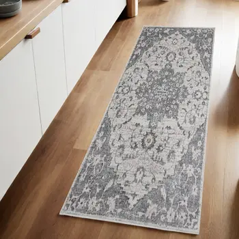 8' Gray Medallion Power Loom Runner Rug