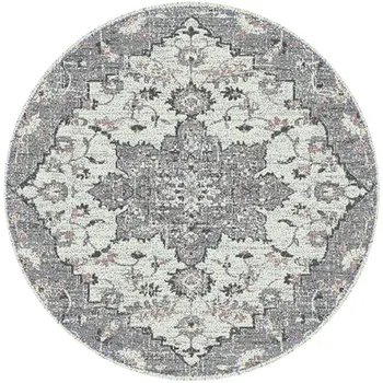 7' Gray Medallion Power Loom Round Rug