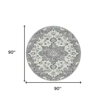 7' Gray Medallion Power Loom Round Rug