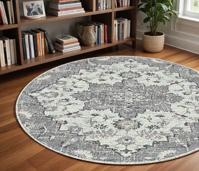 7' Gray Medallion Power Loom Round Rug
