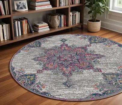7' Pink Medallion Power Loom Round Rug