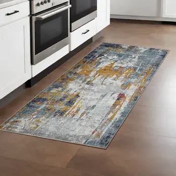 8' Blue and Orange Abstract Power Loom Runner Rug