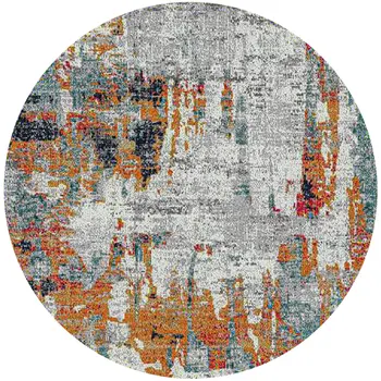 7' Blue and Orange Abstract Power Loom Round Rug