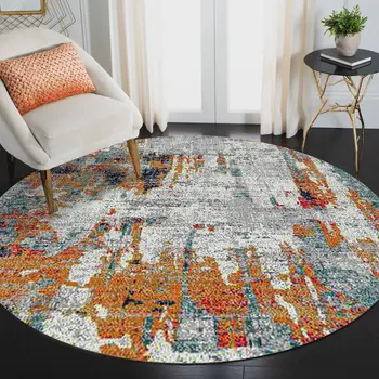 7' Blue and Orange Abstract Power Loom Round Rug