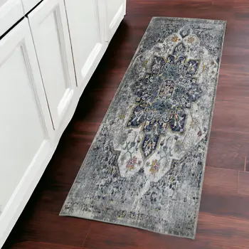 8' Ivory Navy and Orange Medallion Power Loom Distressed Runner Rug