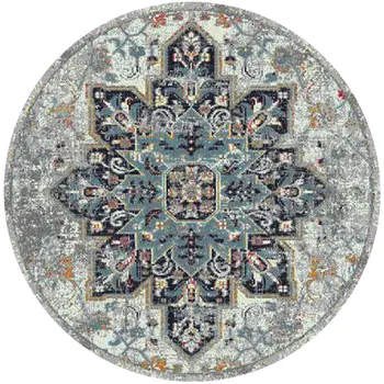 7' Gray Medallion Power Loom Round Rug