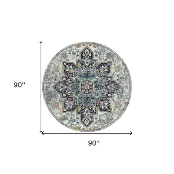 7' Gray Medallion Power Loom Round Rug
