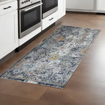 8' Blue and Orange Geometric Power Loom Runner Rug