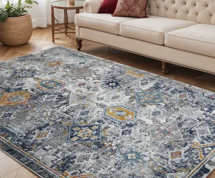 5' X 7' Blue and Orange Geometric Power Loom Area Rug