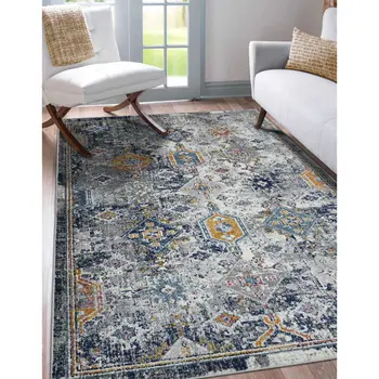 5' X 7' Blue and Orange Geometric Power Loom Area Rug