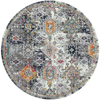 7' Blue and Orange Geometric Power Loom Round Rug