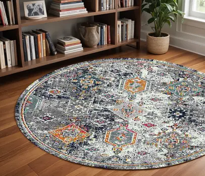 7' Blue and Orange Geometric Power Loom Round Rug
