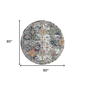 7' Blue and Orange Geometric Power Loom Round Rug