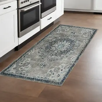 8' Teal Gray And Ivory Area Rug
