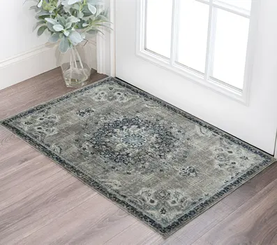 3' X 5' Gray Ivory And Teal Area Rug