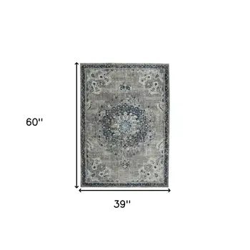 3' X 5' Gray Ivory And Teal Area Rug