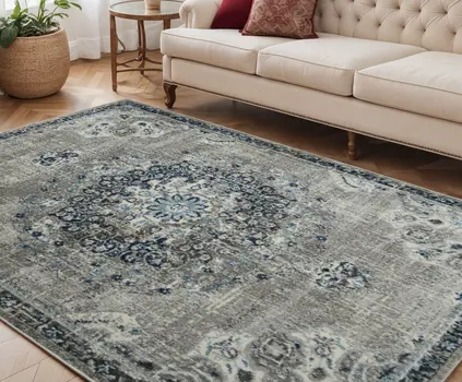 5' X 7' Teal Blue Medallion Power Loom Area Rug