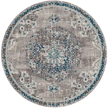 7' Teal Blue Medallion Power Loom Round Rug