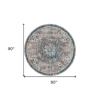 7' Teal Blue Medallion Power Loom Round Rug