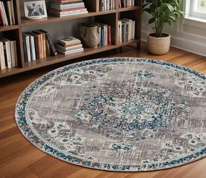 7' Teal Blue Medallion Power Loom Round Rug